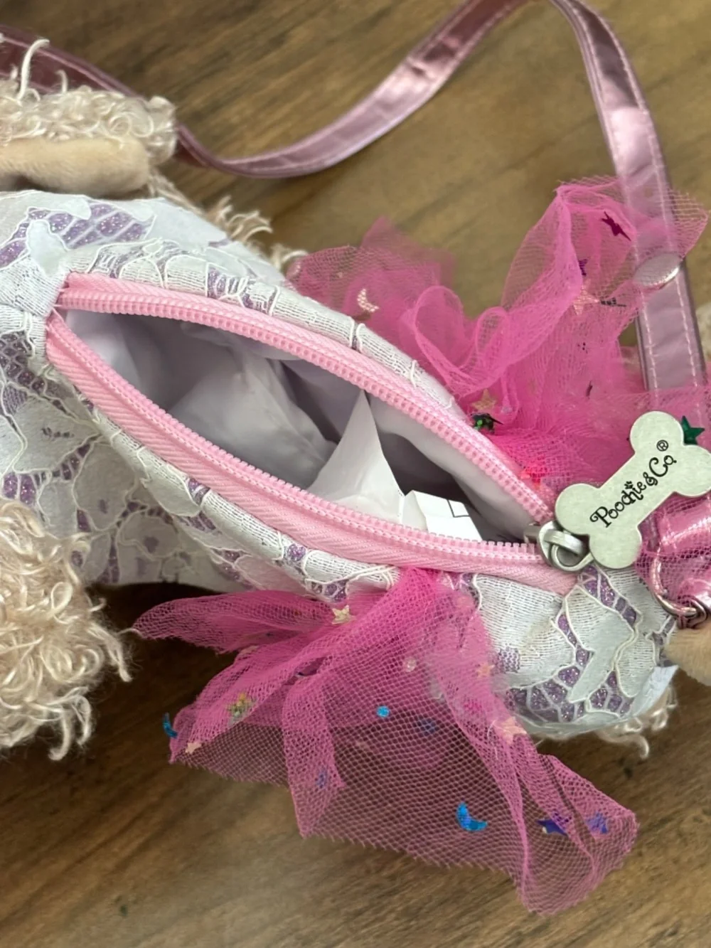 Poochie & Co Girls Puppy Purse Bag Tan Dog Plush Pink Bow Tutu Glitter Lace Toy